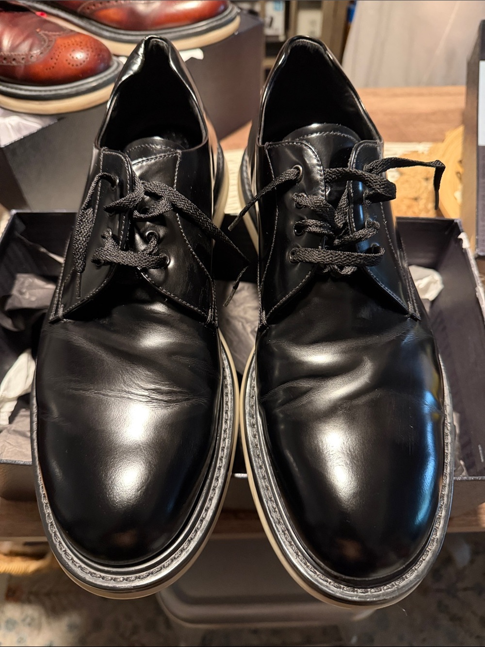 Prada Calzature Uomo Spazzalato Rois Levitate Black Leather Derby Shoes
